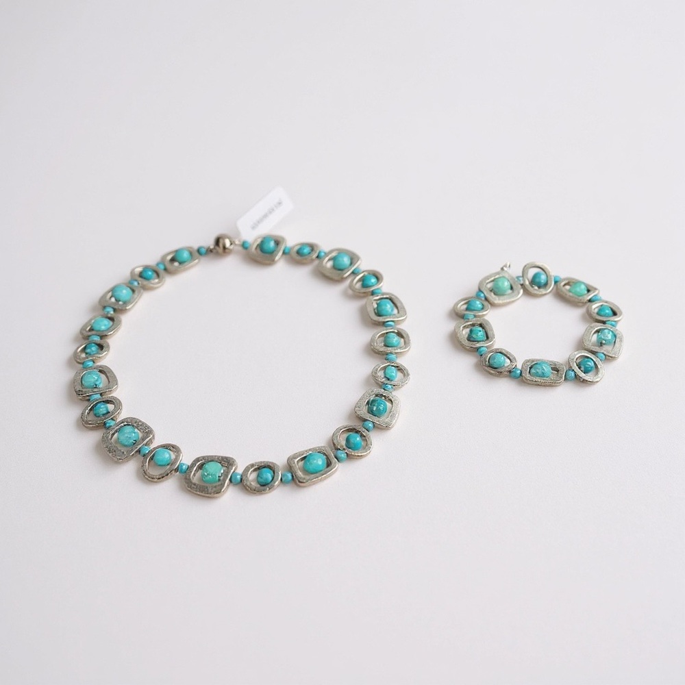 Turquoise and Brushed Silver Necklace and Bracelet Set